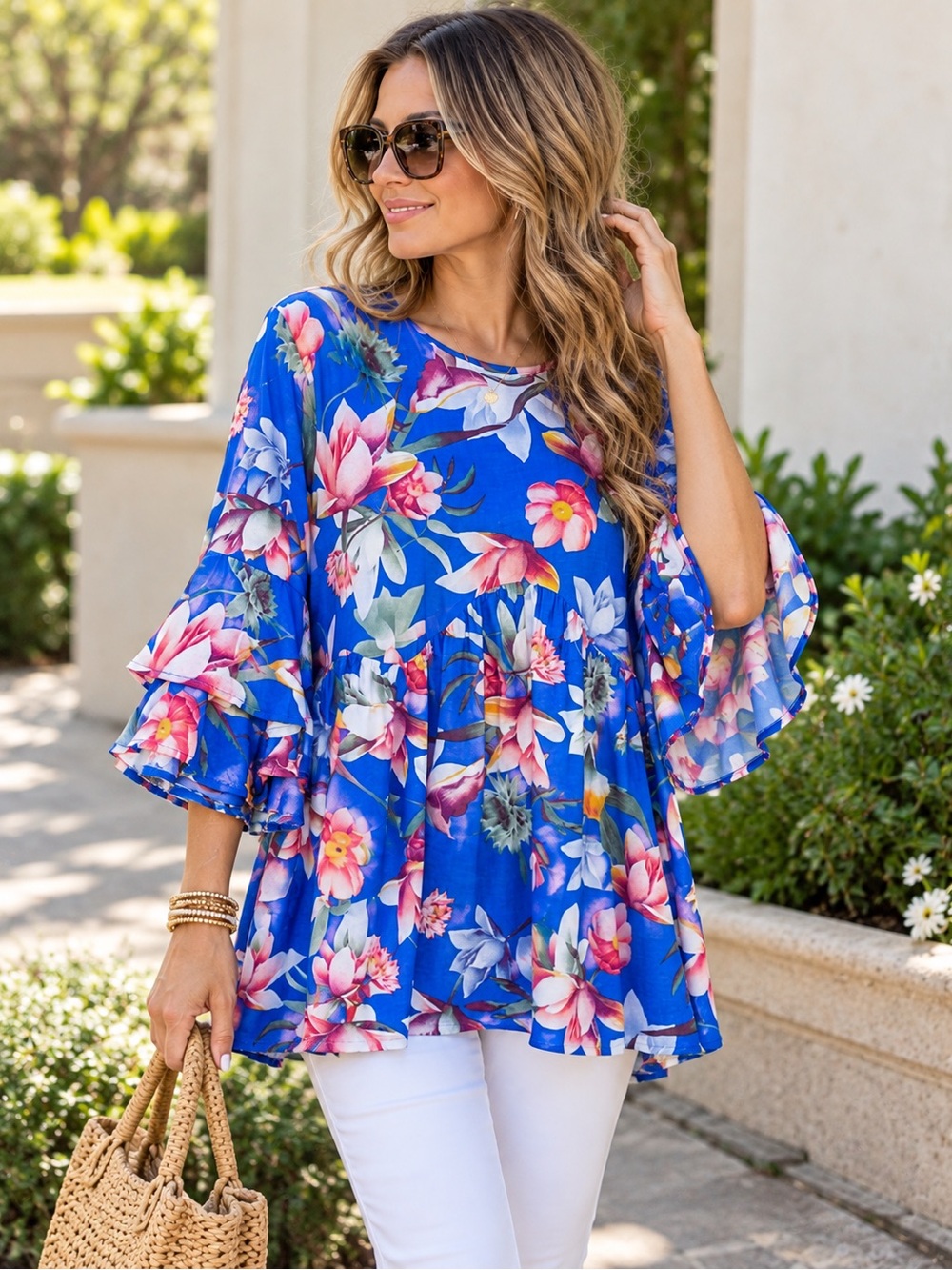 Umgee Floral Babydoll Tunic Top Blue Pink Ruffle  Bell Sleeve L Bohemian EUC